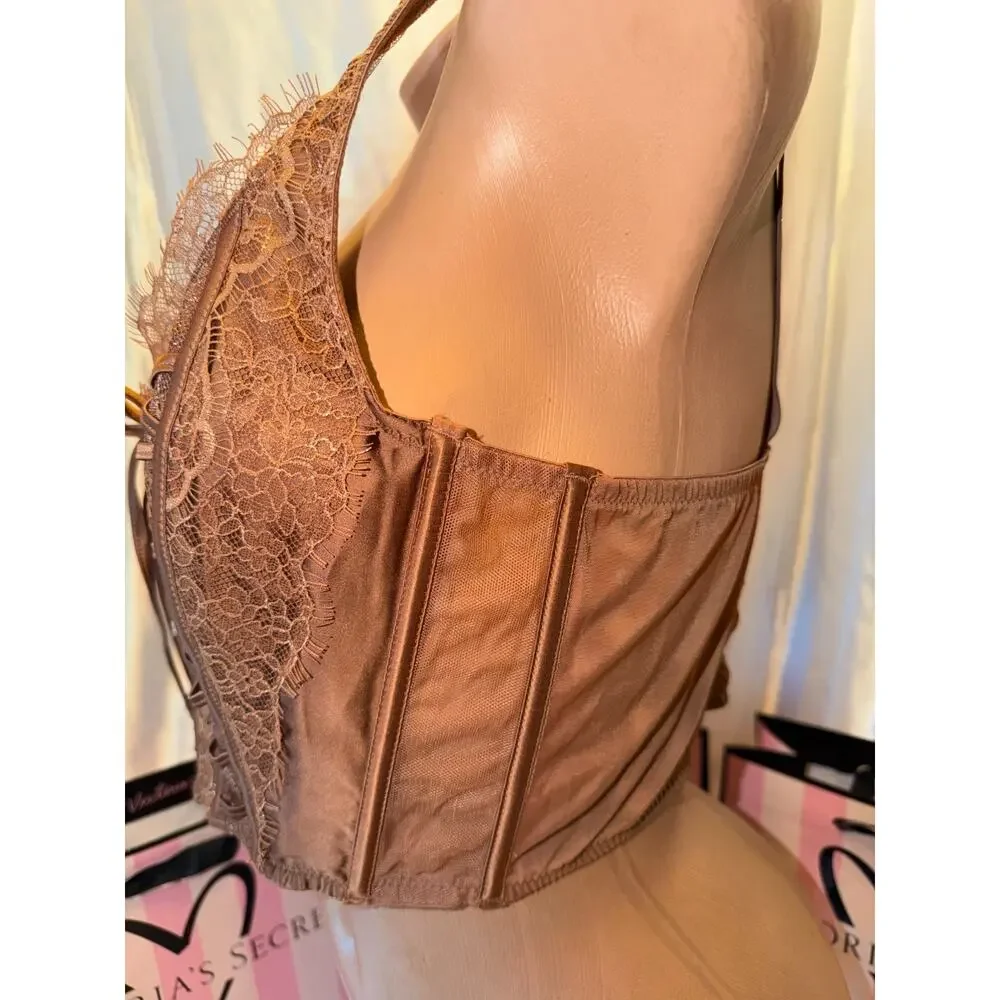 Victorias Secret Corset Bra Top Clubbing Brown Shimmer Eyelash Lace XL - Picture 4 of 5